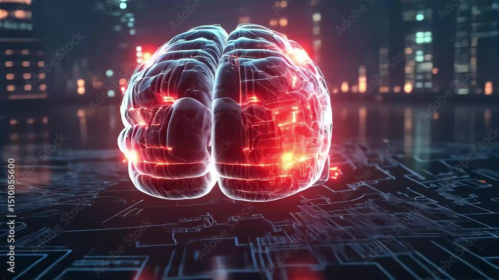Poster futuristic glowing brain with circuits and neural networks symbolizes advanced cognitive technology 