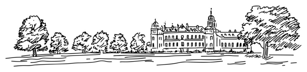 baroque palace with large trees and garden park