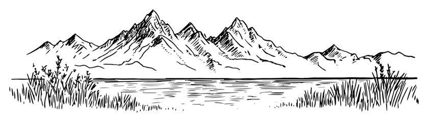 serene mountain lake surrounded by reeds and peaks