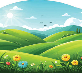 landscape with green grass and flowers