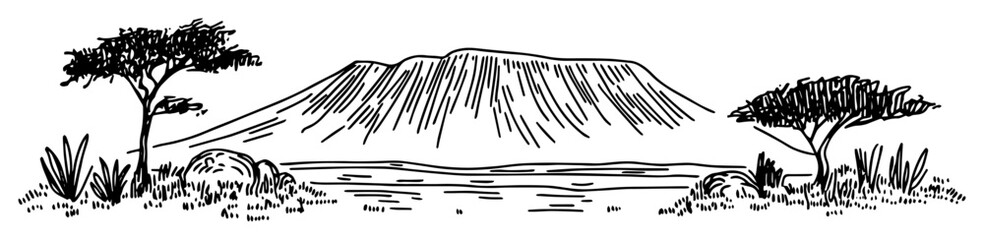 african volcano landscape with savannah trees and lake