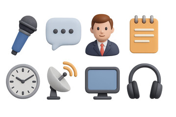 News Commentary Icons. 3D icon set of news commentary core: microphone, speech bubble, news anchor, notepad, clock, satellite dish
