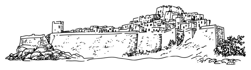 ancient fortified town on stone hill plateau