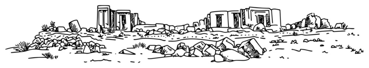 ancient stone ruins in desert with scattered rocks