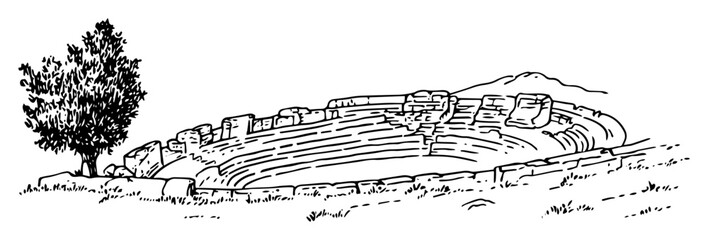 ancient stone amphitheater with hillside and trees
