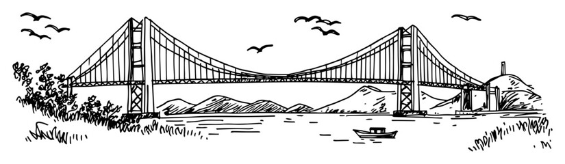 suspension bridge over water with mountains in background