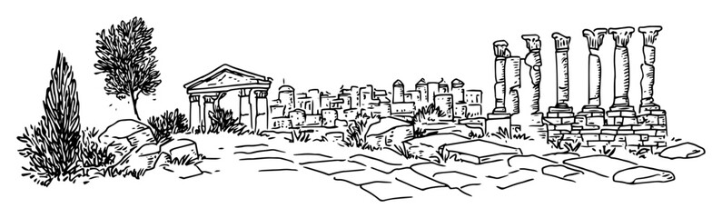 greek temple ruins with broken columns and ruins