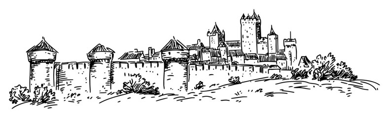 Naklejka premium fortified medieval town with stone walls and towers