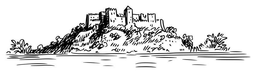 Fototapeta premium medieval hilltop castle with forest and river below