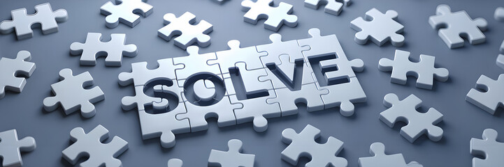 Minimalist 3D Rendering of White Jigsaw Puzzle Pieces on Gray Background