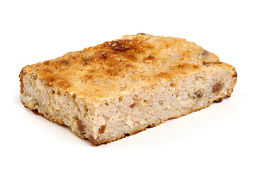 Baked Rice and Cottage Cheese Casserole with Raisins, Isolated on White Background.