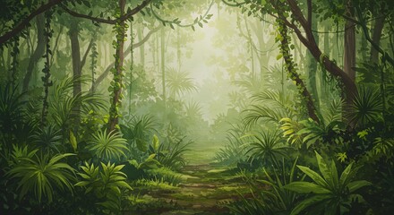Lush Tropical Jungle Path Watercolor Painting: Nature Illustration