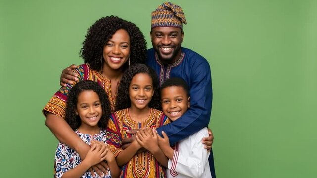 A happy african family poses, dressed in vibrant traditional attire, smiling brightly.