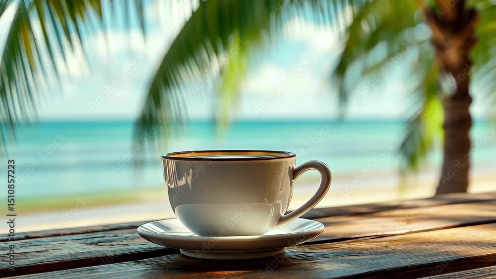 Poster enjoying coffee on a rustic table with a serene view of the sea and palm trees on a sunny day, coffe