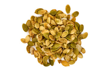 Raw Pumpkin Seeds Pile Isolated on White Background.