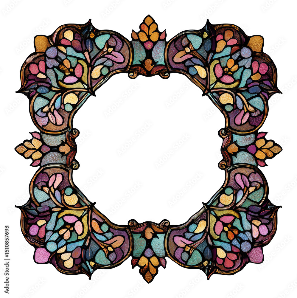 Poster stained glass floral frame with colorful abstract patterns on transparent background