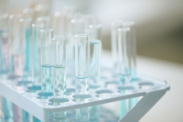 Rows of empty test tubes standing in rack in laboratory environment, showcasing clean and orderly scientific equipment, prepared for use in an experiment or research