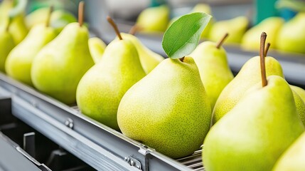 Fresh organic pears on a conveyor belt in a fruit processing plant for healthy eating and nutrition