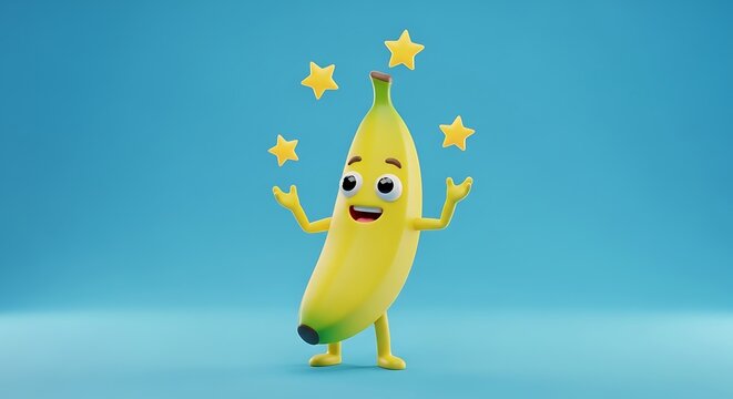 Whimsical 3D Character of a Banana Juggling Stars on Blue Background