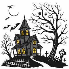 Set of silhouettes for halloween gloomy house, sinister trees, fences, graves, skulls, pumpkins and bats. Vector illustration