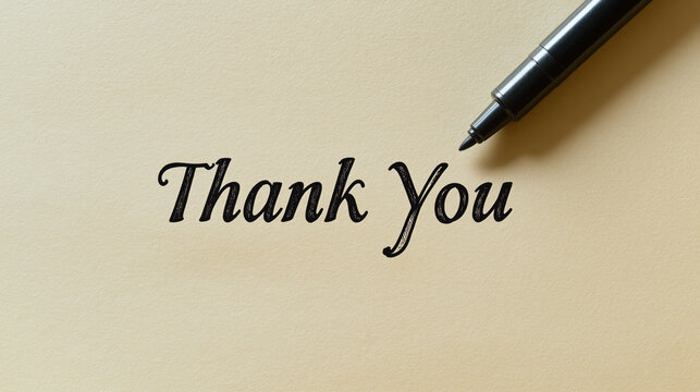 Thank you message with pen. Close-up of a handwritten "Thank You" text on beige paper with a black pen tip visible in the upper right corner
