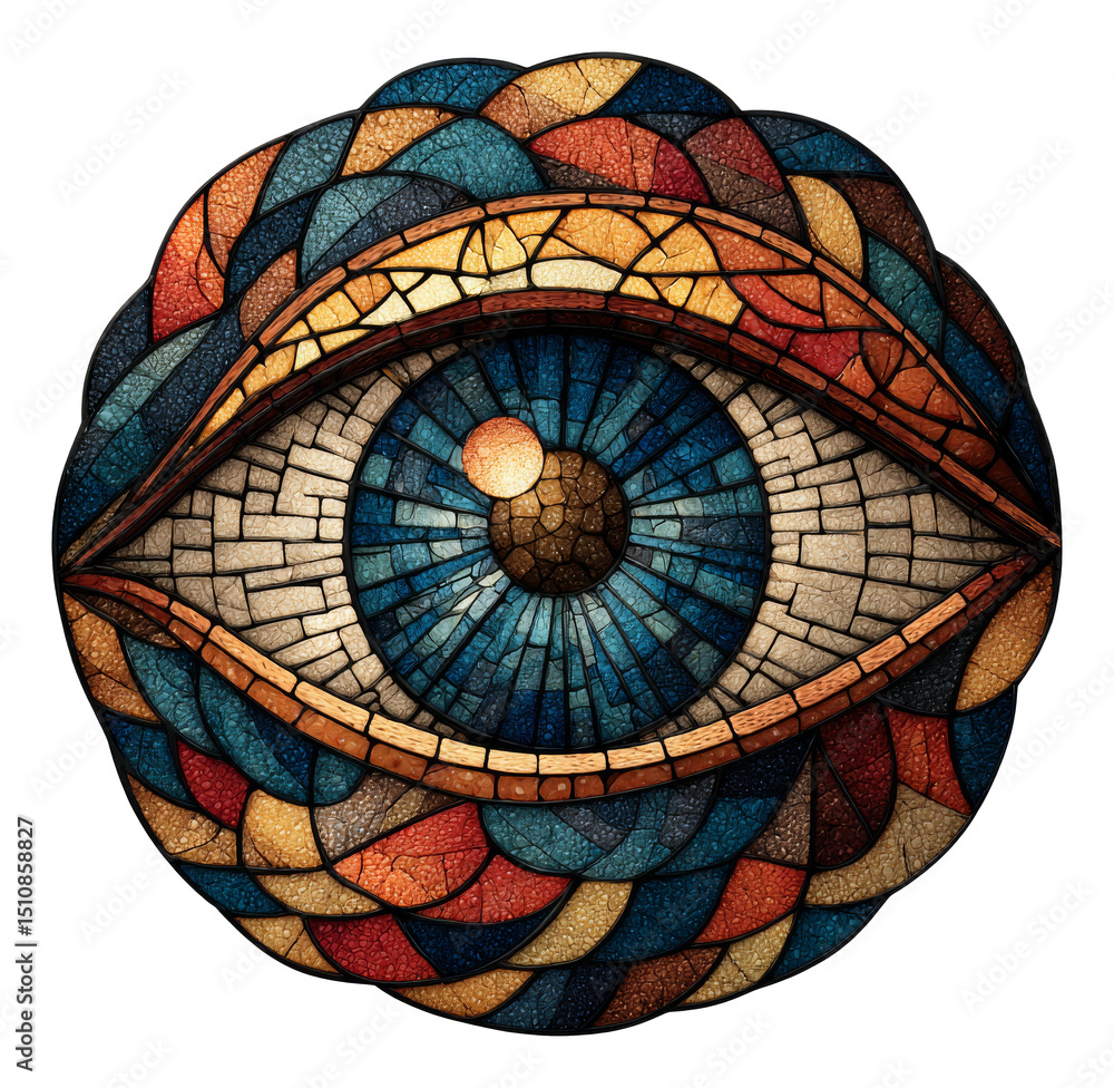 Poster colorful mosaic eye design with vivid patterns of blue and red hues isolated on transparent backgrou