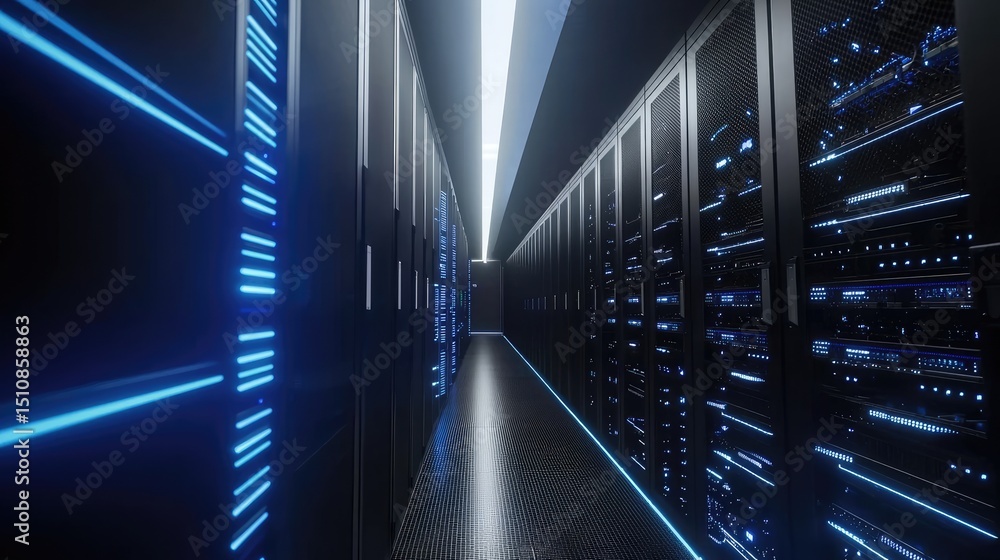 Leinwandbilder modern data center hallway with glowing blue led server racks and high-gloss black floor, perfect fo