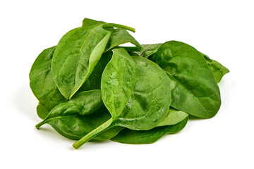 Fresh Green Spinach Leaves, Top View, Isolated on White Background.