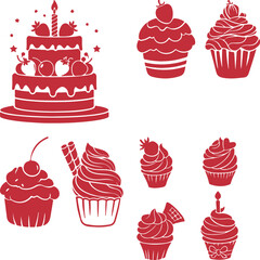 Cute seamless pattern of cartoon cupcakes and cakes with sweet decorations in a vector illustration