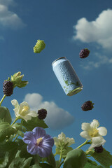 a sparkling water can suspended in air, surrounded by an elegant burst of flowers, advertisement mock up