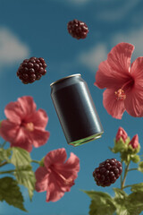 a sparkling water can suspended in air, surrounded by an elegant burst of flowers, advertisement mock up