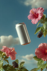 a sparkling water can suspended in air, surrounded by an elegant burst of flowers, advertisement mock up