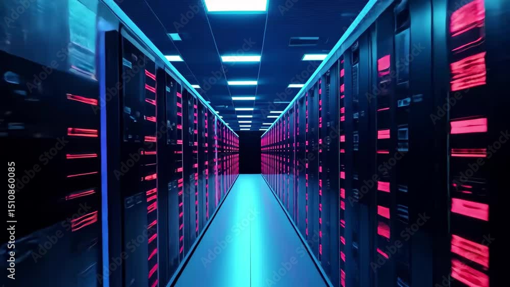 Poster modern technology room showcasing illuminated server racks with colorful data streams, abstract mode