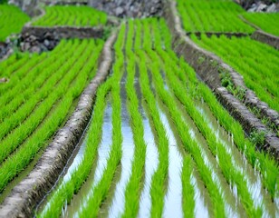 Lush green rice paddy field