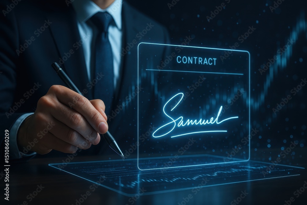 Poster businessman in a suit using a stylus pen to sign a digital contract on a futuristic holographic virt