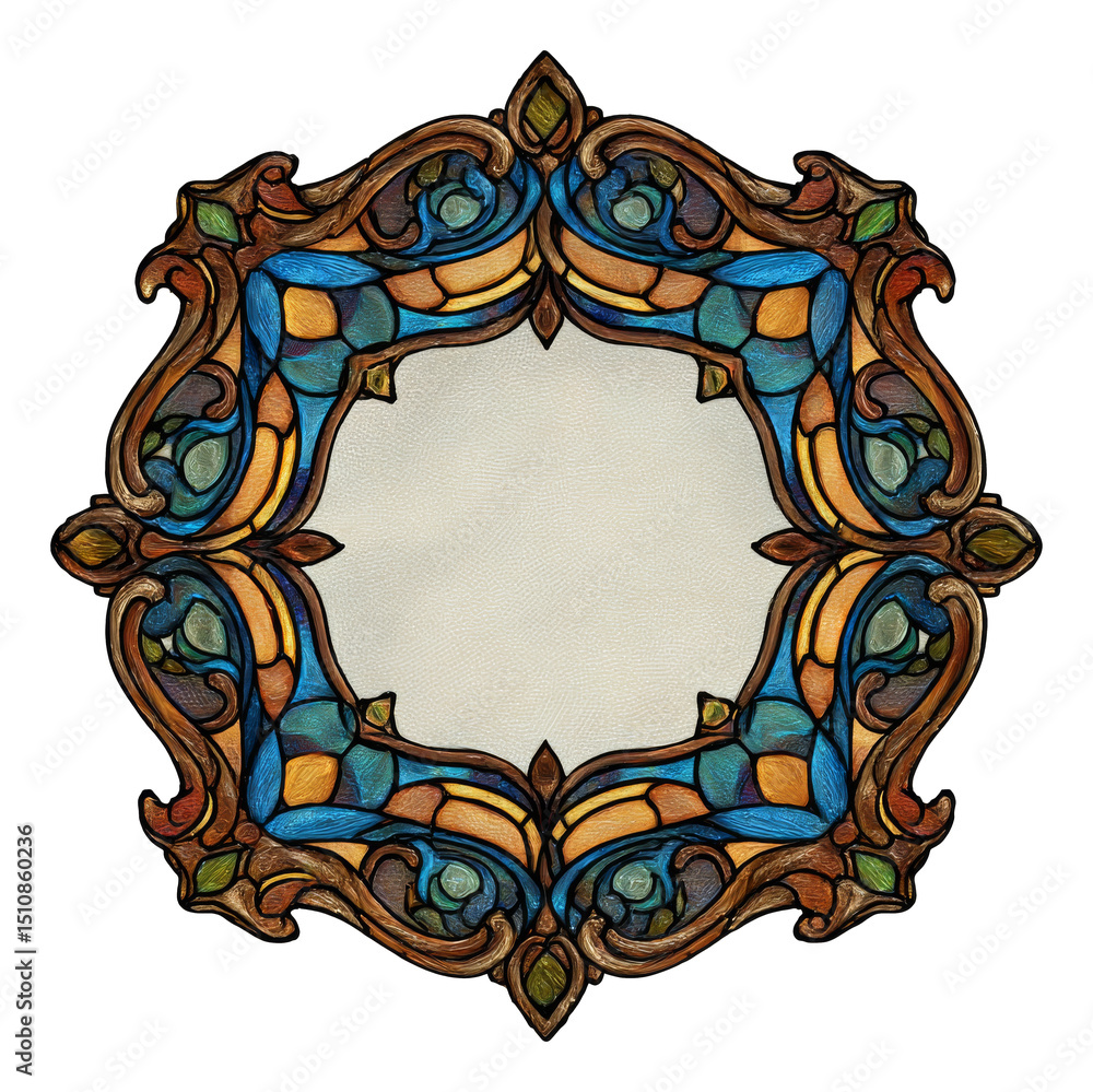 Poster colorful stained glass style border with intricate patterns isolated on transparent background