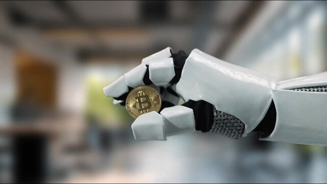 A robotic hand elegantly holds a Bitcoin coin, illustrating the integration of cutting-edge technology with digital currency in a bustling office environment. MZL