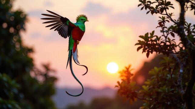 A Resplendent Quetzal Bird with a long tail is flying in the sky. The sun is setting in the background