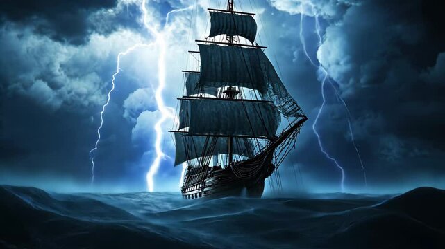 Sailing ship battles fierce thunderstorm at midnight on turbulent seas, 3D scene of sailing ship in midnight storm, thunder and lightning, high drama, immersive detail