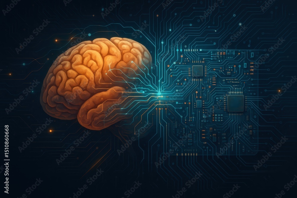 Aufkleber conceptual illustration of a human brain seamlessly integrated with a computer circuit board symboli