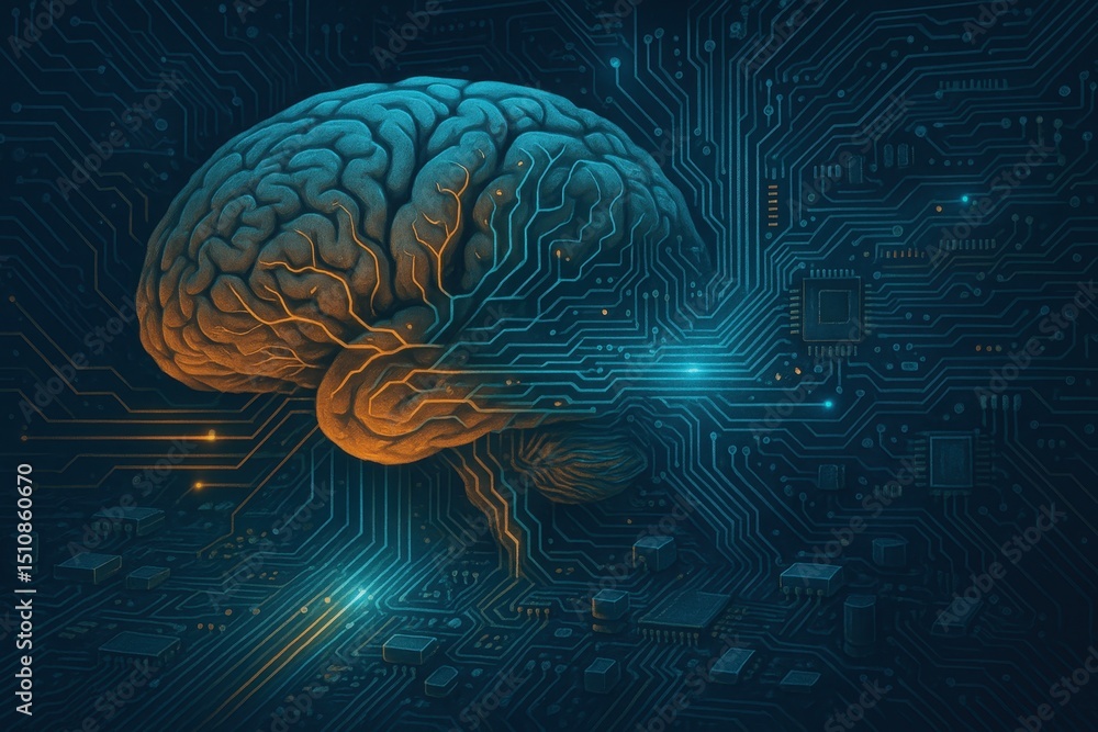 Aufkleber conceptual illustration of a human brain seamlessly integrated with a computer circuit board symboli