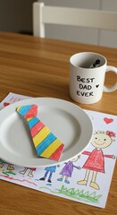 Father's day breakfast scene with handmade card and best dad mug on wooden table