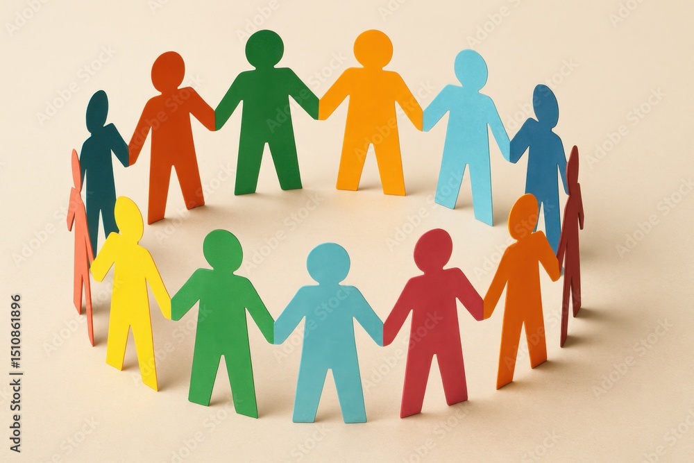 Poster diverse group of colorful paper cutout people standing together in a circle holding hands symbolizin