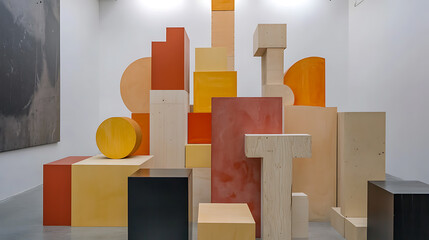 Abstract Geometric Sculpture Installation with Warm Tones and Layered Forms
