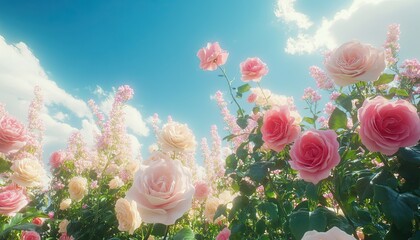 A stunningly vibrant rose garden with various roses in full bloom under clear blue skies, with soft, natural light enhancing the colors and textures of the flowers. 