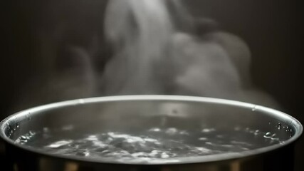 Boiling water in a metal pot with steam rising, set against a dark background, creating a calming atmosphere - Powered by Adobe