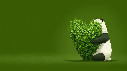 Cute kawaii panda hugging heart shaped bamboo bush, green background, adorable animal illustration, peaceful and loving mood, nature inspired digital art