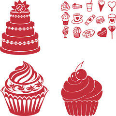 Cute seamless pattern of cartoon cupcakes and cakes with sweet decorations in a vector illustration