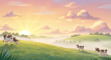 Idyllic sunrise over misty pasture with cows grazing in countryside landscape