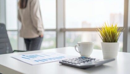 Businesswoman Contemplates Strategy with Financial Data in Bright Office Setting